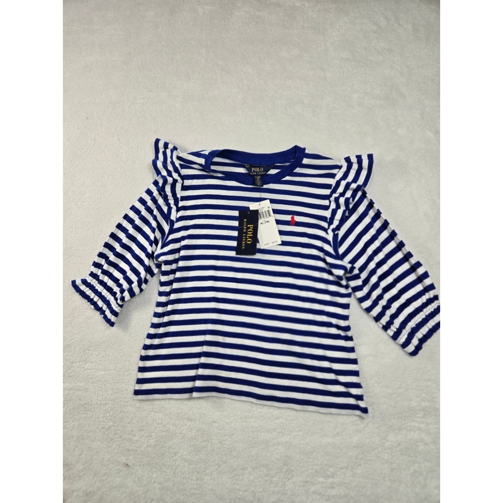 Polo Ralph Lauren Girls Blue White Striped Ruffle Sleeve Top NWT XL 16